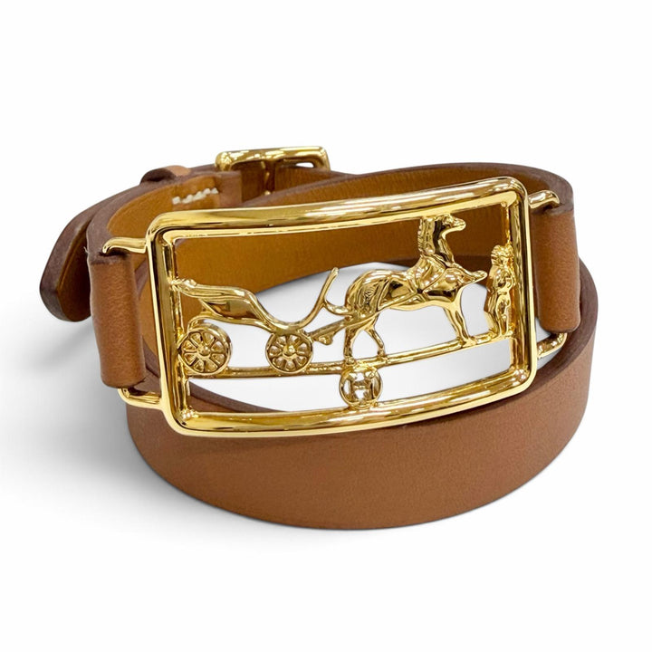 極美品△HERMES エルメス カレーシュ ドゥブルトゥール ブレスレット レザー ゴールド金具 ブラウン D刻印 フランス製 レディース 箱付き