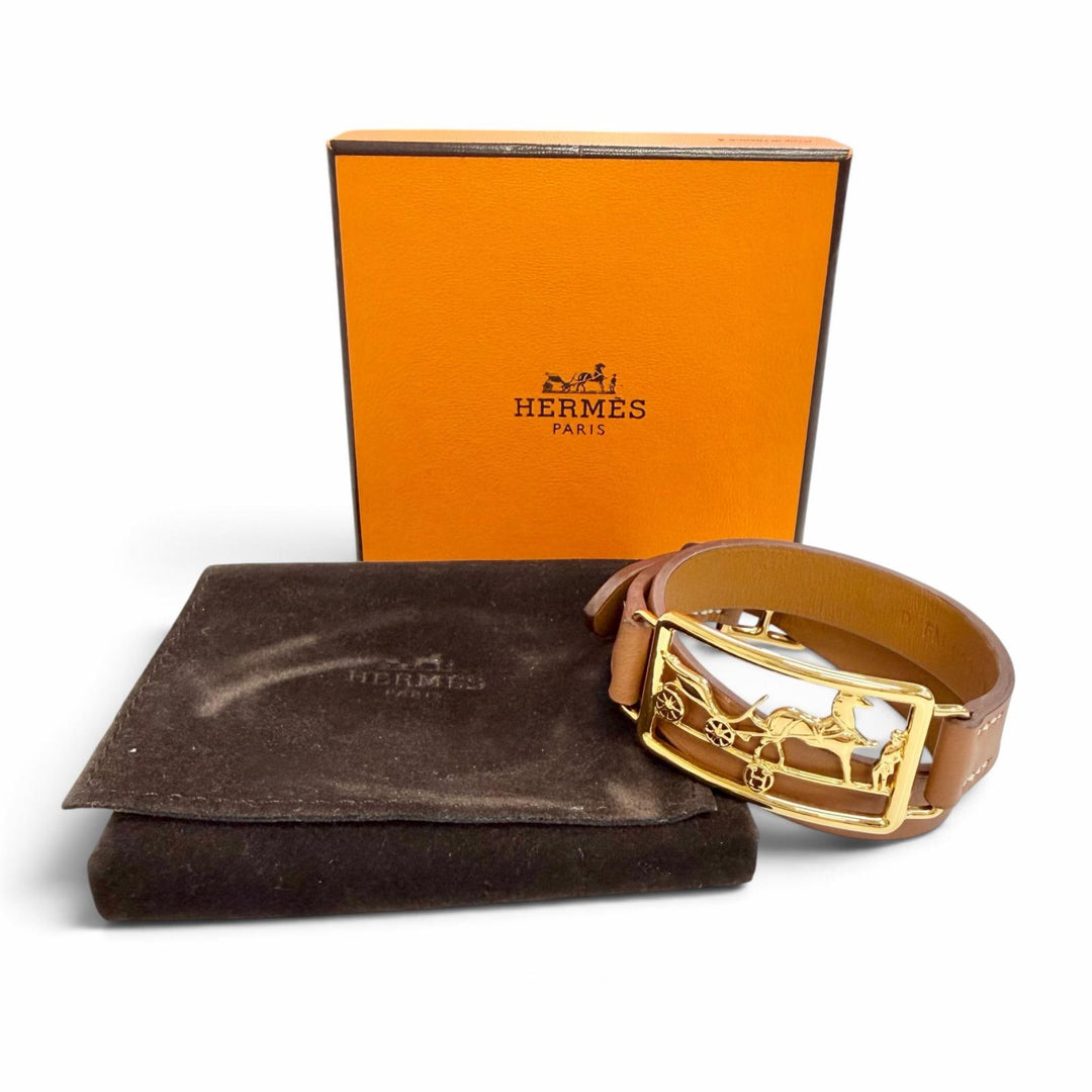 極美品△HERMES エルメス カレーシュ ドゥブルトゥール ブレスレット レザー ゴールド金具 ブラウン D刻印 フランス製 レディース 箱付き