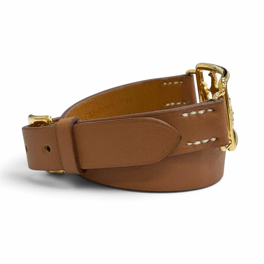 極美品△HERMES エルメス カレーシュ ドゥブルトゥール ブレスレット レザー ゴールド金具 ブラウン D刻印 フランス製 レディース 箱付き