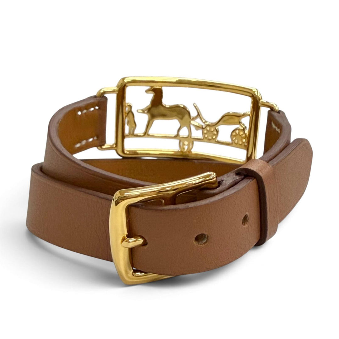 極美品△HERMES エルメス カレーシュ ドゥブルトゥール ブレスレット レザー ゴールド金具 ブラウン D刻印 フランス製 レディース 箱付き