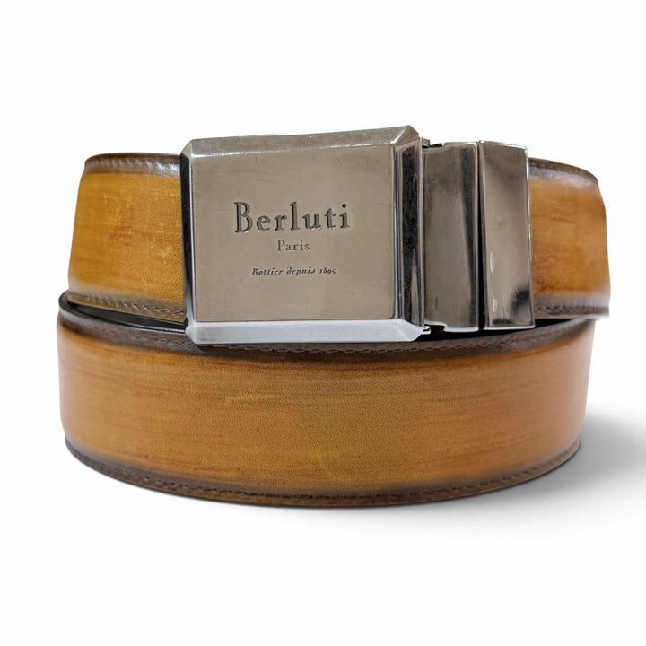 美品▼Berluti ベルルッティ レザー オルガ期 スクエアバックル リバーシブル ベルト ブラウン ブラック シルバー金具 90 36 イタリア製