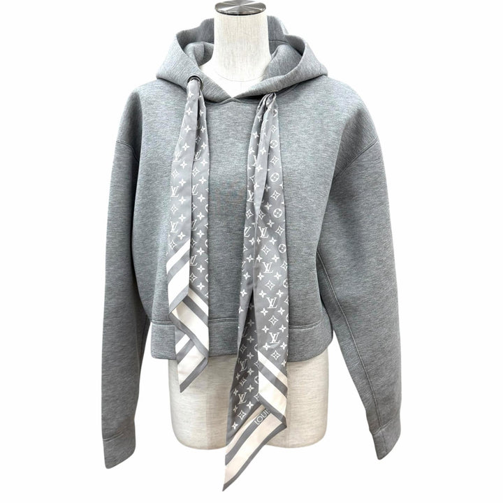 未使用品★LOUIS VUITTON ルイヴィトン 25AW シルク100％ シグネチャー スカーフディテール フーディ トップス グレー S 伊製 正規品