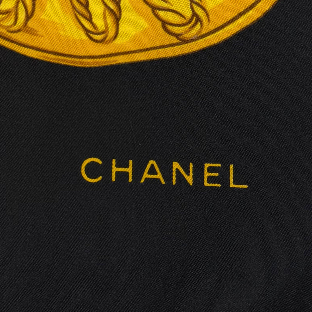 極美品▼CHANEL シャネル ヴィンテージ シルク100% ココマーク コイン チェーン 大判 スカーフ ブラック イエロー イタリア製 レディース