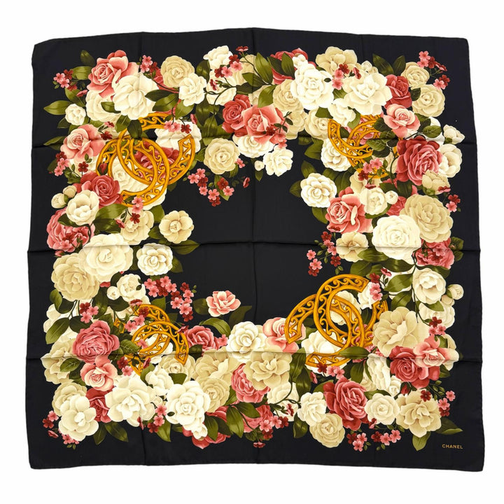 極美品▼CHANEL シャネル ヴィンテージ シルク100% ココマーク フラワープリント 大判 スカーフ ブラック マルチ イタリア製 レディース
