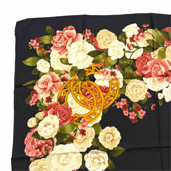 極美品▼CHANEL シャネル ヴィンテージ シルク100% ココマーク フラワープリント 大判 スカーフ ブラック マルチ イタリア製 レディース