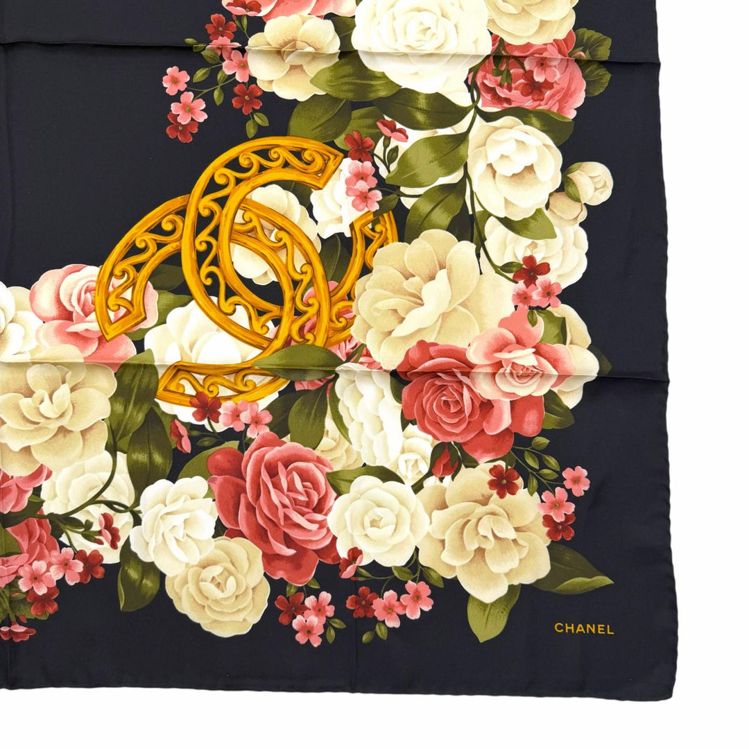 極美品▼CHANEL シャネル ヴィンテージ シルク100% ココマーク フラワープリント 大判 スカーフ ブラック マルチ イタリア製 レディース