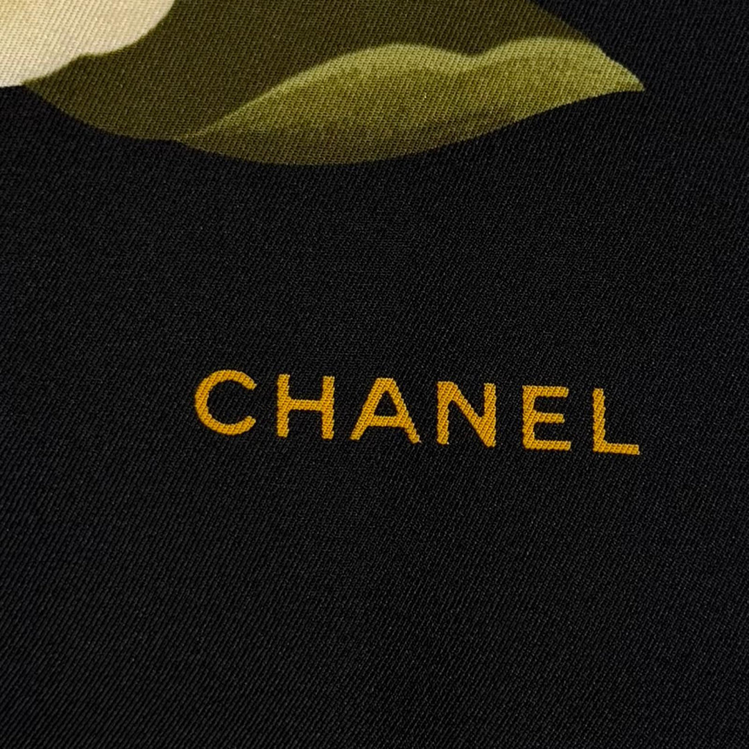 極美品▼CHANEL シャネル ヴィンテージ シルク100% ココマーク フラワープリント 大判 スカーフ ブラック マルチ イタリア製 レディース