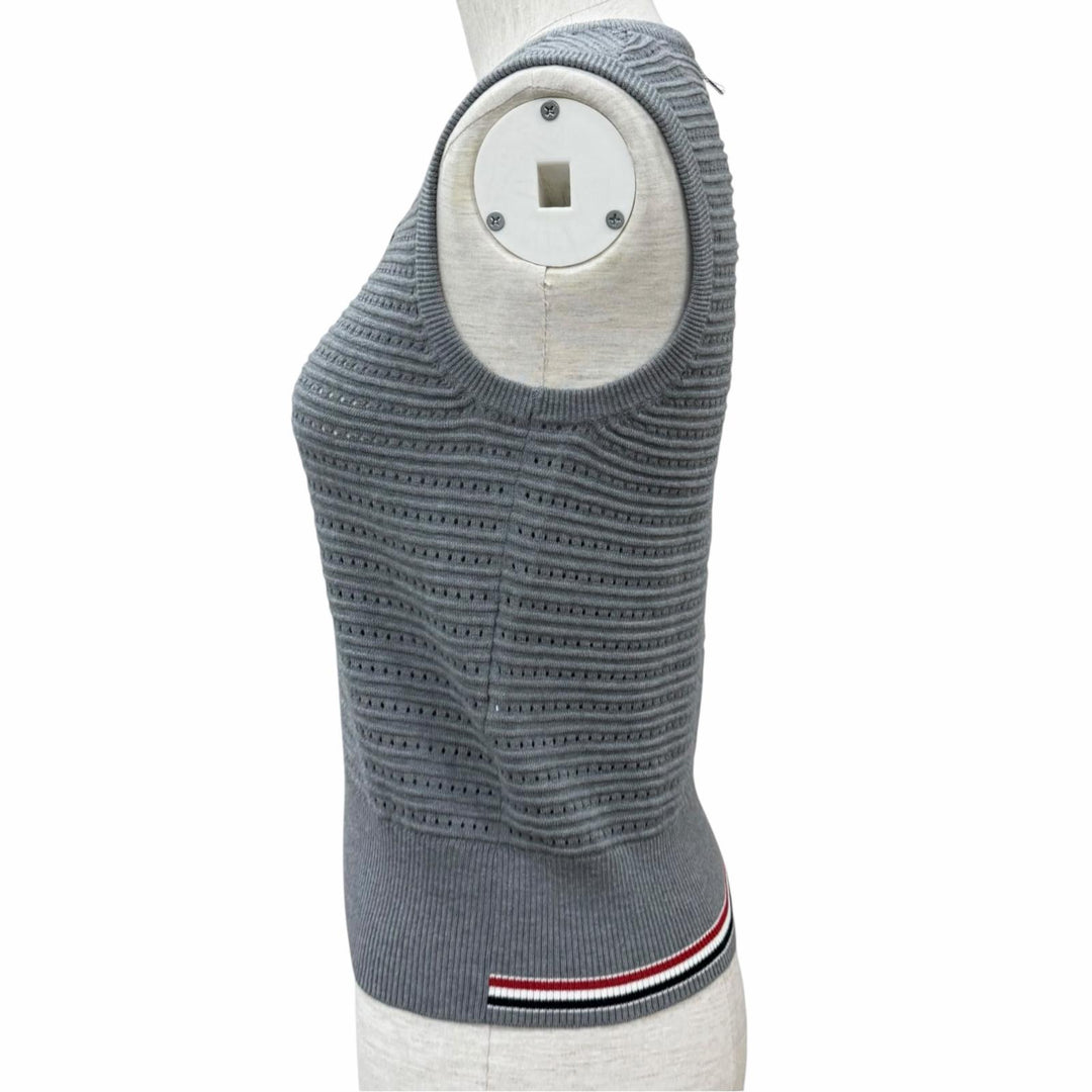 極美品★THOM BROWNE トムブラウン FKV159A-Y3010 055 コットン100% シグネチャーストライプ ５ボタン ニット ベスト 36 伊製 正規品