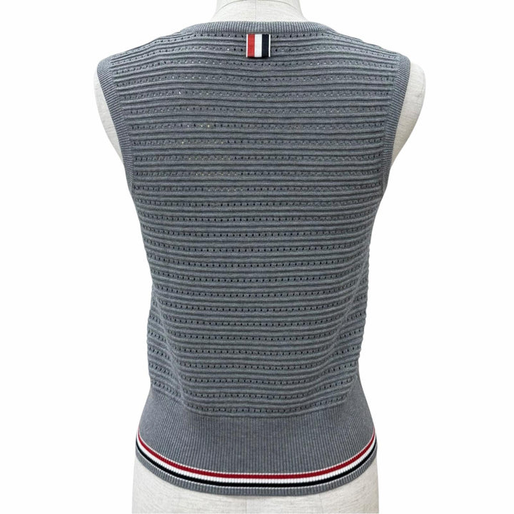 極美品★THOM BROWNE トムブラウン FKV159A-Y3010 055 コットン100% シグネチャーストライプ ５ボタン ニット ベスト 36 伊製 正規品