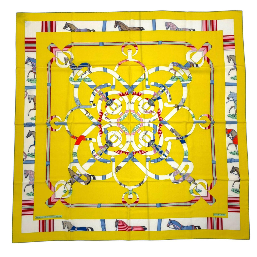 未使用品▼HERMES エルメス カレ140 カレジェアン エプロン・ドール(黄金の拍車) カシミヤ シルク 大判 スカーフ イエロー マルチ 箱付き