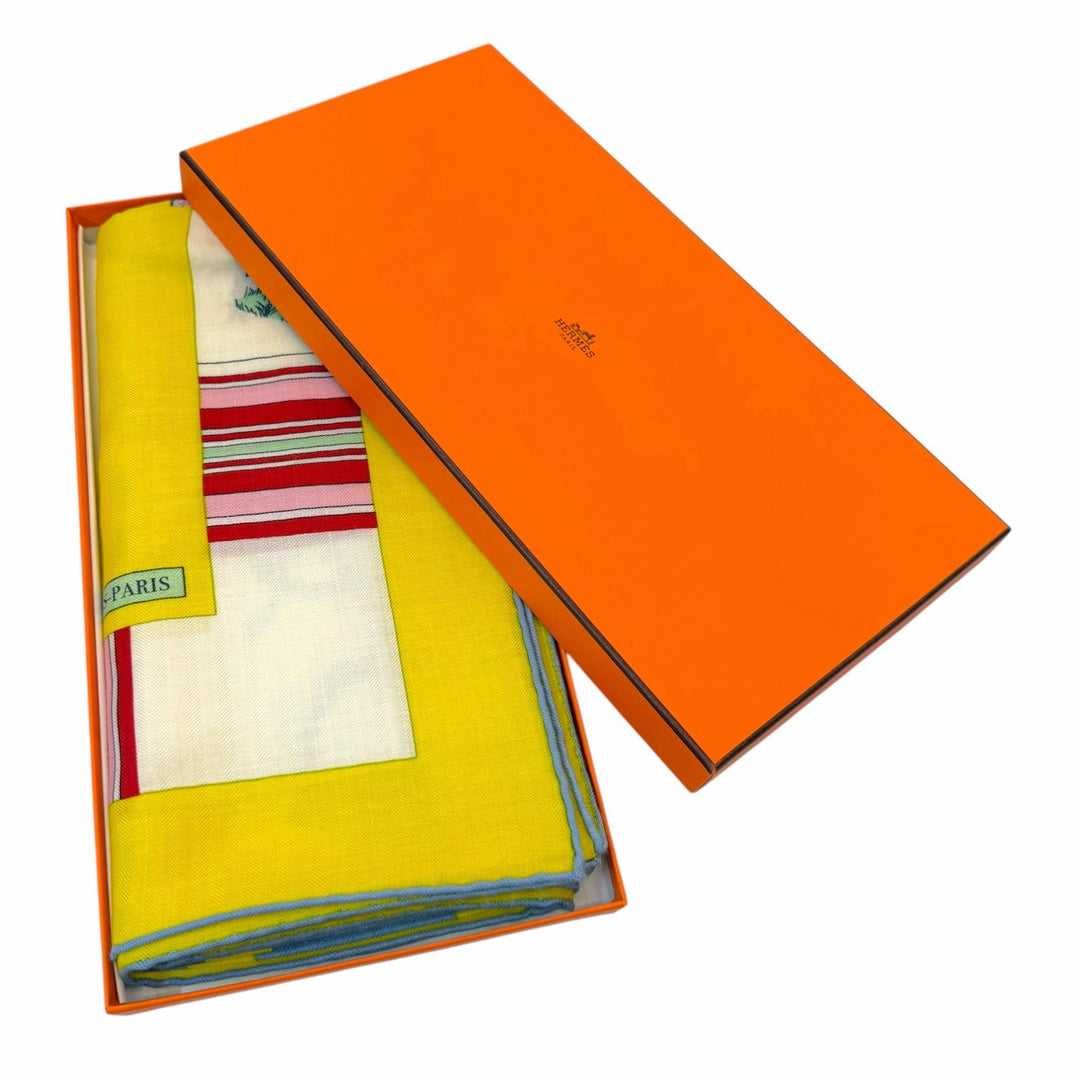 未使用品▼HERMES エルメス カレ140 カレジェアン エプロン・ドール(黄金の拍車) カシミヤ シルク 大判 スカーフ イエロー マルチ 箱付き