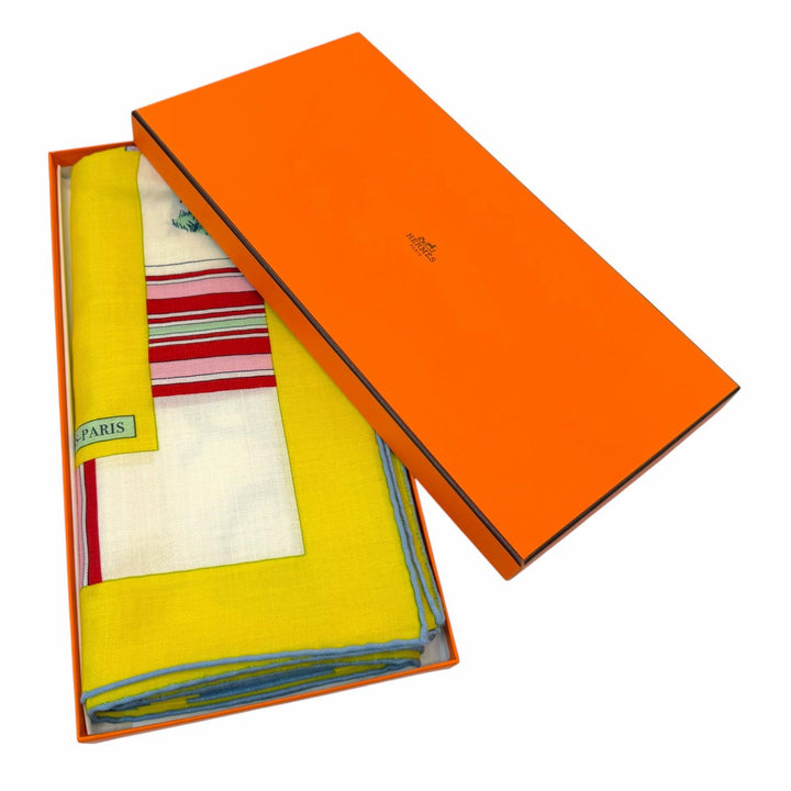 未使用品▼HERMES エルメス カレ140 カレジェアン エプロン・ドール(黄金の拍車) カシミヤ シルク 大判 スカーフ イエロー マルチ 箱付き