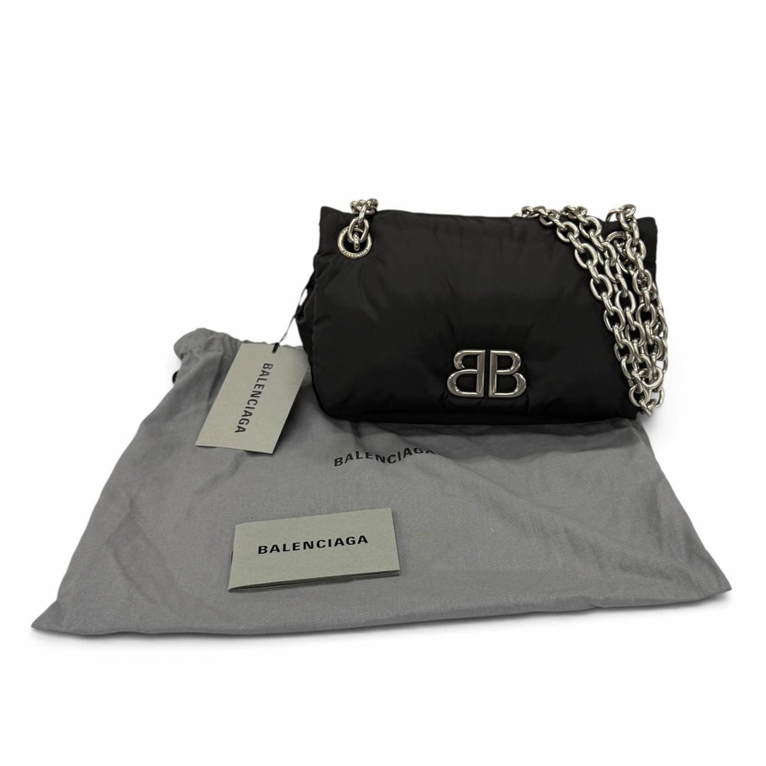 未使用品★BALENCIAGA バレンシアガ 792977 ロゴ金具 モナコ ミニ チェーン ショルダーバッグ ブラック シルバー金具 伊製 保存袋付き