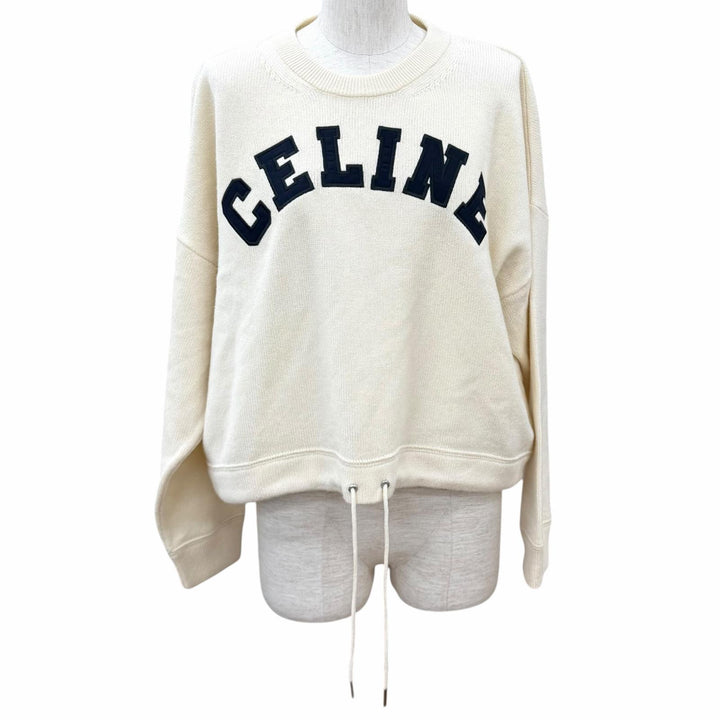 極美品★CELINE セリーヌ 2A11V402P ウール カシミヤ混 ロゴデザイン クロップド 長袖 ニット セーター アイボリー S イタリア製 正規品