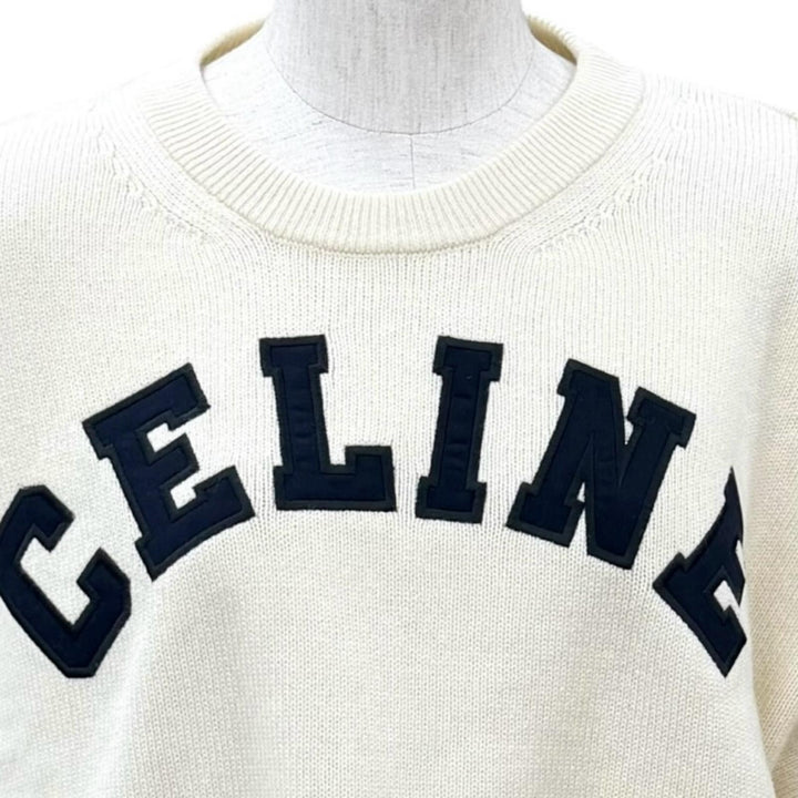 極美品★CELINE セリーヌ 2A11V402P ウール カシミヤ混 ロゴデザイン クロップド 長袖 ニット セーター アイボリー S イタリア製 正規品