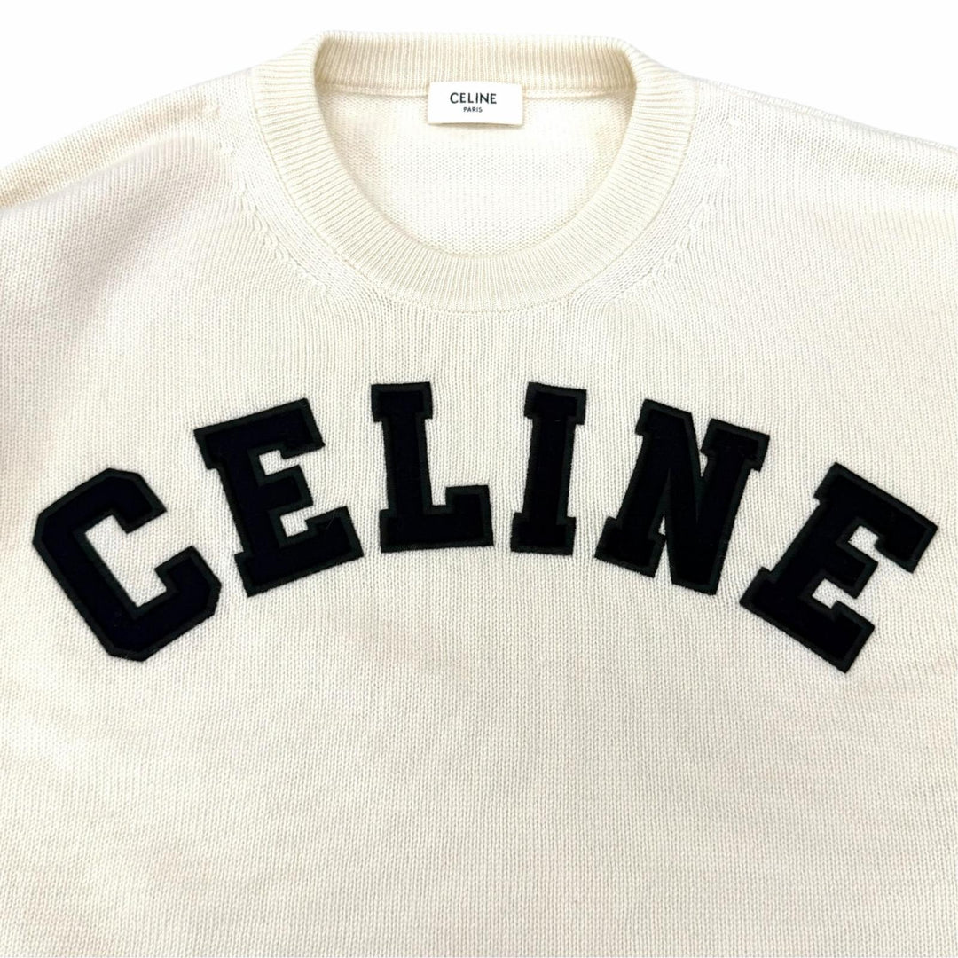 極美品★CELINE セリーヌ 2A11V402P ウール カシミヤ混 ロゴデザイン クロップド 長袖 ニット セーター アイボリー S イタリア製 正規品