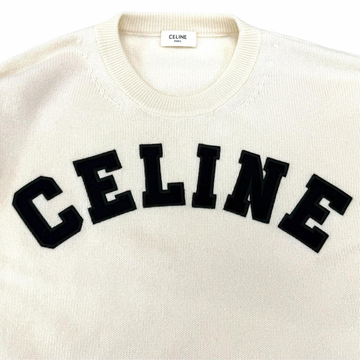 極美品★CELINE セリーヌ 2A11V402P ウール カシミヤ混 ロゴデザイン クロップド 長袖 ニット セーター アイボリー S イタリア製 正規品