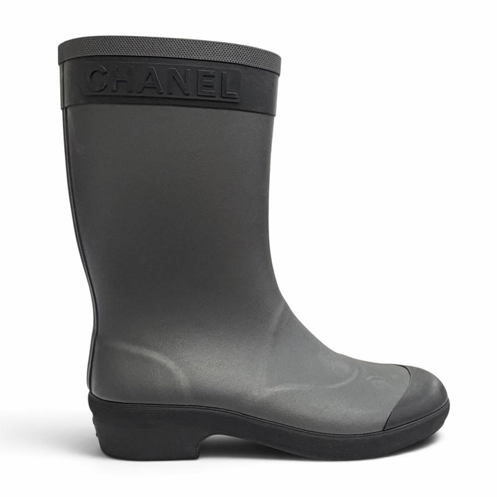 美品△CHANEL シャネル G34881 ラバー ココマーク サイドロゴ レインブーツ ショートブーツ ブラック 37 フランス製 レディース 箱・袋付
