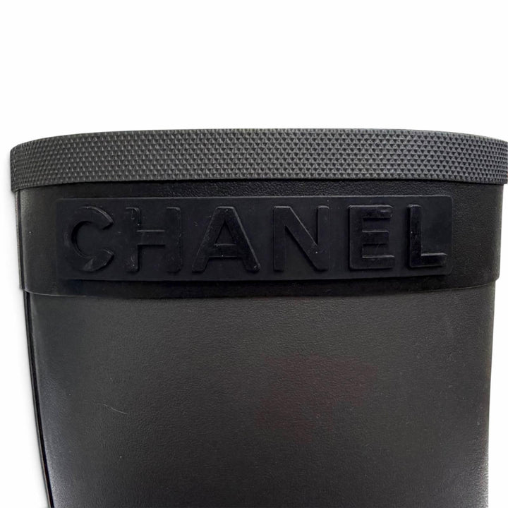 美品△CHANEL シャネル G34881 ラバー ココマーク サイドロゴ レインブーツ ショートブーツ ブラック 37 フランス製 レディース 箱・袋付