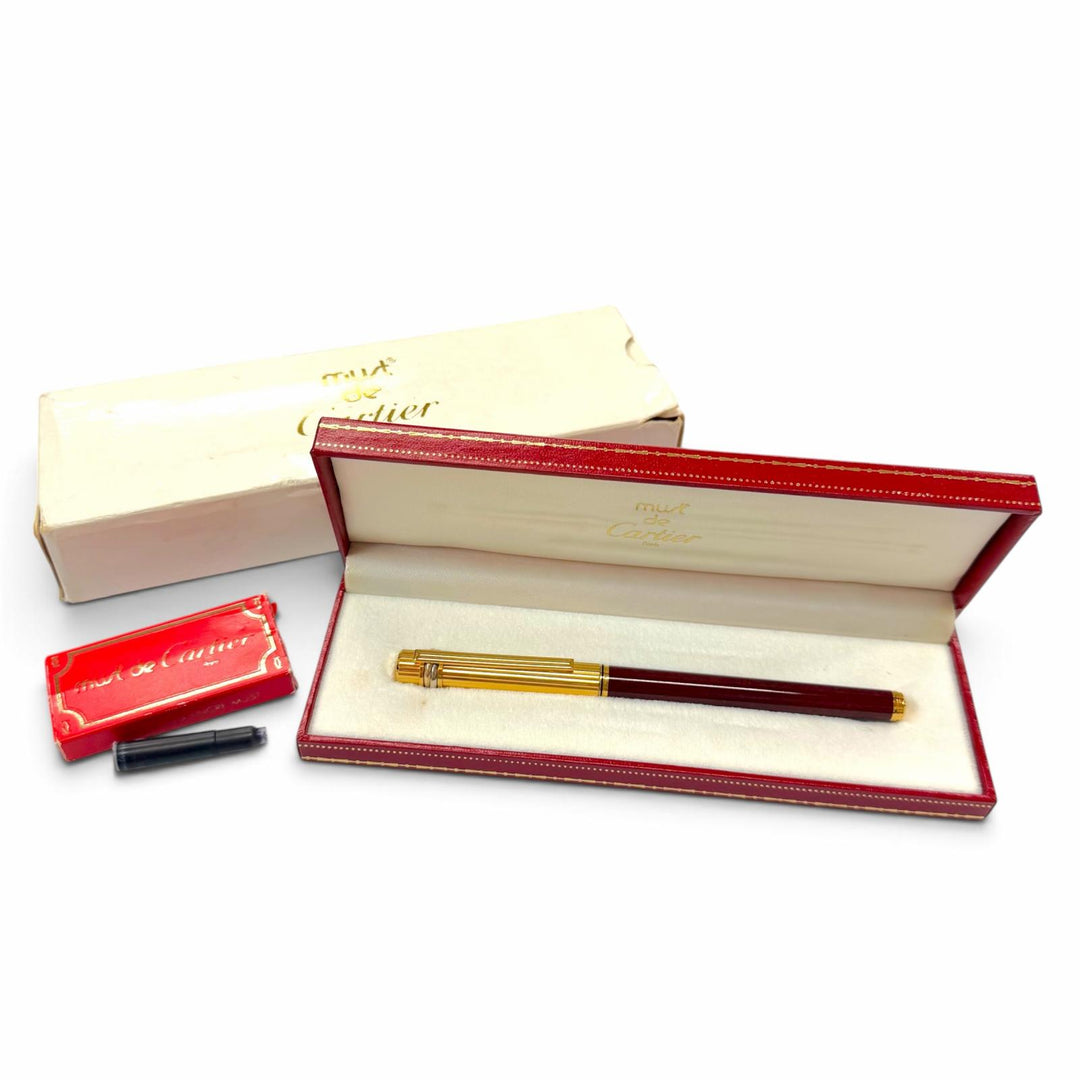 極美品▼Cartier カルティエ トリニティ ペン先18K Fニブ マーブル柄 万年筆 ボルドー ゴールド フランス製 メンズ
