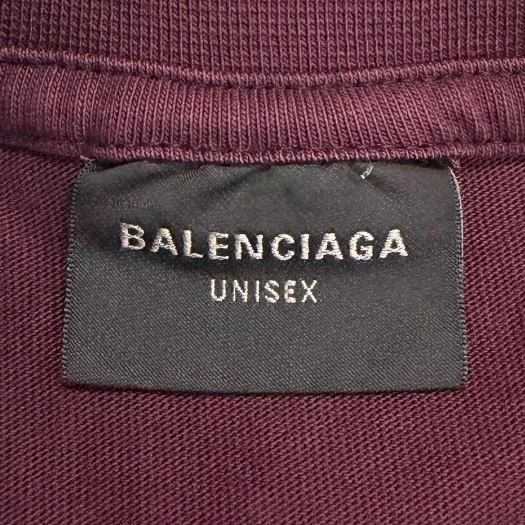 極美品□BALENCIAGA バレンシアガ 2023年製 739784 テープロゴ ダメージ加工 オーバーサイズ 半袖Ｔシャツ ボルドー S 正規品 メンズ