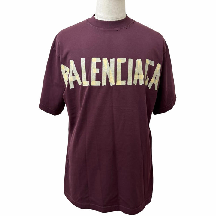 極美品□BALENCIAGA バレンシアガ 2023年製 739784 テープロゴ ダメージ加工 オーバーサイズ 半袖Ｔシャツ ボルドー S 正規品 メンズ