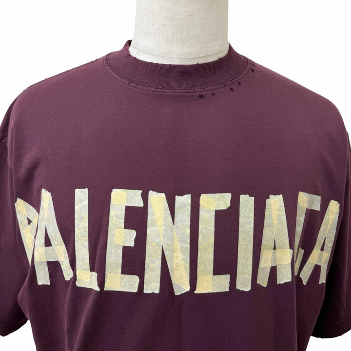 極美品□BALENCIAGA バレンシアガ 2023年製 739784 テープロゴ ダメージ加工 オーバーサイズ 半袖Ｔシャツ ボルドー S 正規品 メンズ