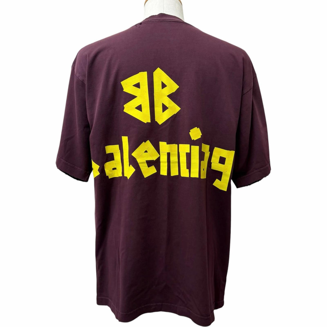 極美品□BALENCIAGA バレンシアガ 2023年製 739784 テープロゴ ダメージ加工 オーバーサイズ 半袖Ｔシャツ ボルドー S 正規品 メンズ