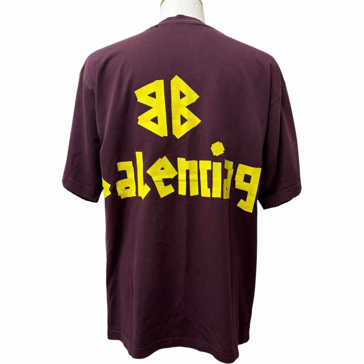 極美品□BALENCIAGA バレンシアガ 2023年製 739784 テープロゴ ダメージ加工 オーバーサイズ 半袖Ｔシャツ ボルドー S 正規品 メンズ