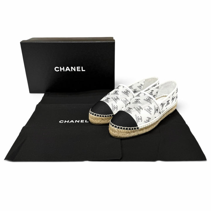 未使用品★CHANEL シャネル G34673 ココマーク レザー使い メッシュ エスパドリーユ スリッポン ホワイト ブラック 37 箱・保存袋付き