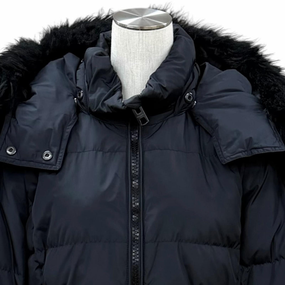 美品★COACH コーチ F57028 レザーロゴパッチ・ラムファー・フード付 ZIP UP ダウンコート ダウンジャケット ブラック M 正規品