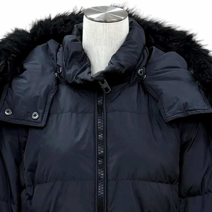 美品★COACH コーチ F57028 レザーロゴパッチ・ラムファー・フード付 ZIP UP ダウンコート ダウンジャケット ブラック M 正規品