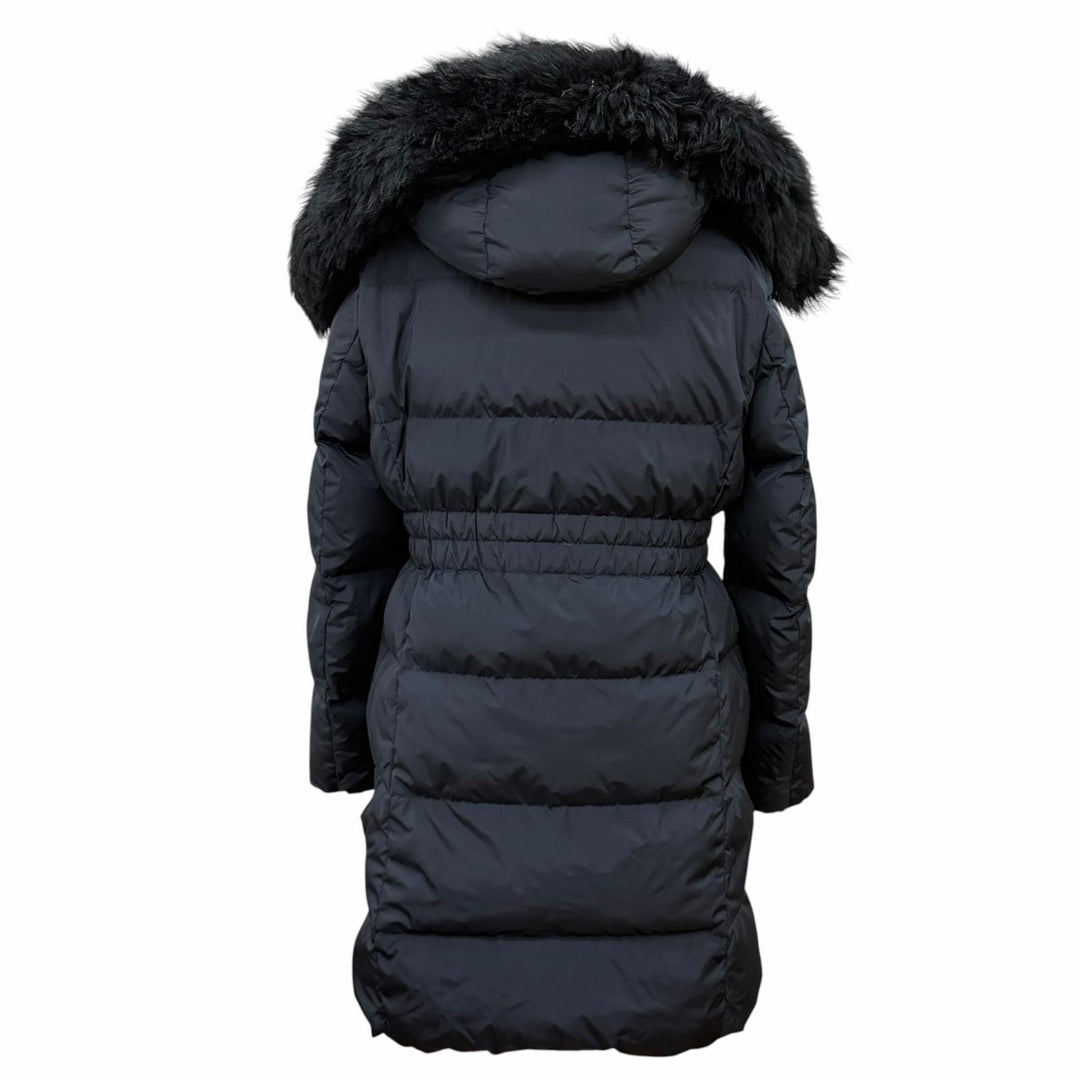 美品★COACH コーチ F57028 レザーロゴパッチ・ラムファー・フード付 ZIP UP ダウンコート ダウンジャケット ブラック M 正規品