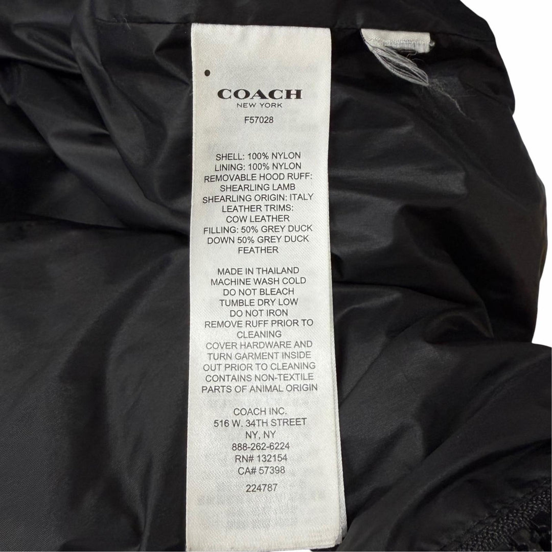 美品★COACH コーチ F57028 レザーロゴパッチ・ラムファー・フード付 ZIP UP ダウンコート ダウンジャケット ブラック M 正規品