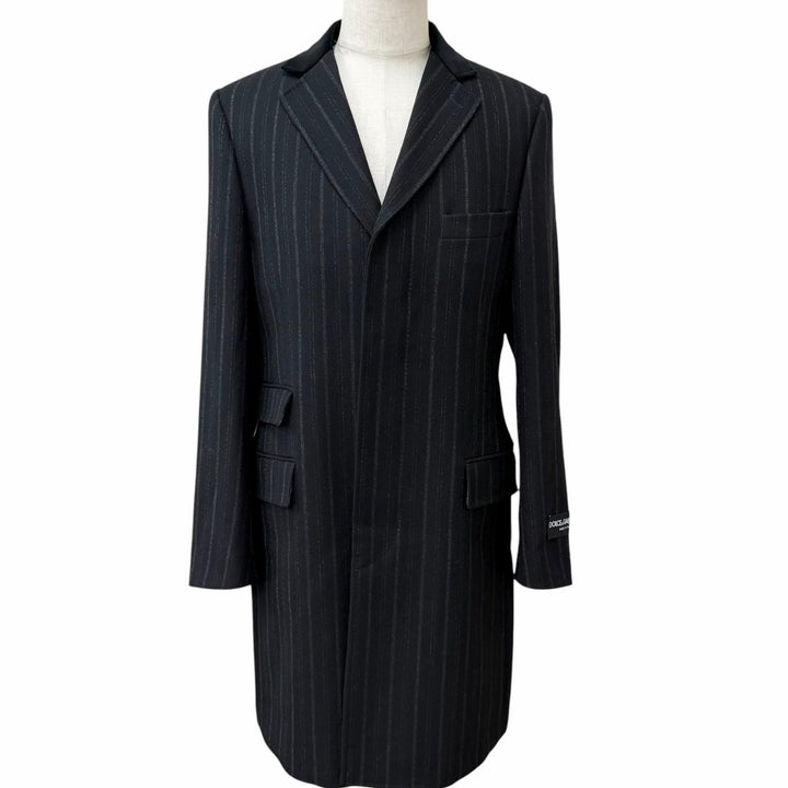 極美品□DOLCE&amp;GABBANA ドルチェ＆ガッバーナ G0078T 黒タグ ストライプ柄 襟ベルベット チェスターコート 黒 IT 48 イタリア製 正規品