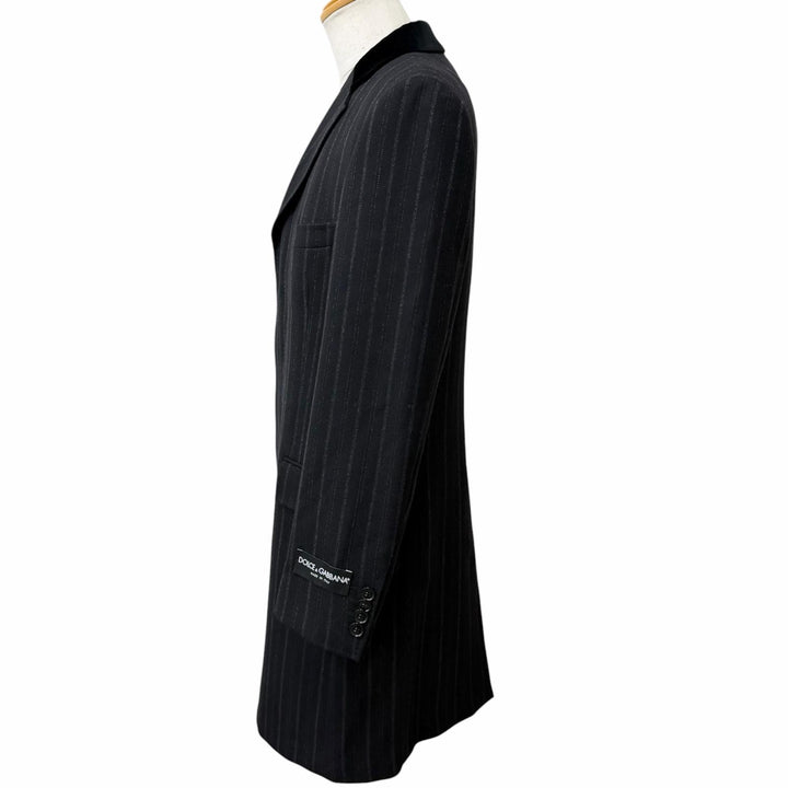 極美品□DOLCE&amp;GABBANA ドルチェ＆ガッバーナ G0078T 黒タグ ストライプ柄 襟ベルベット チェスターコート 黒 IT 48 イタリア製 正規品