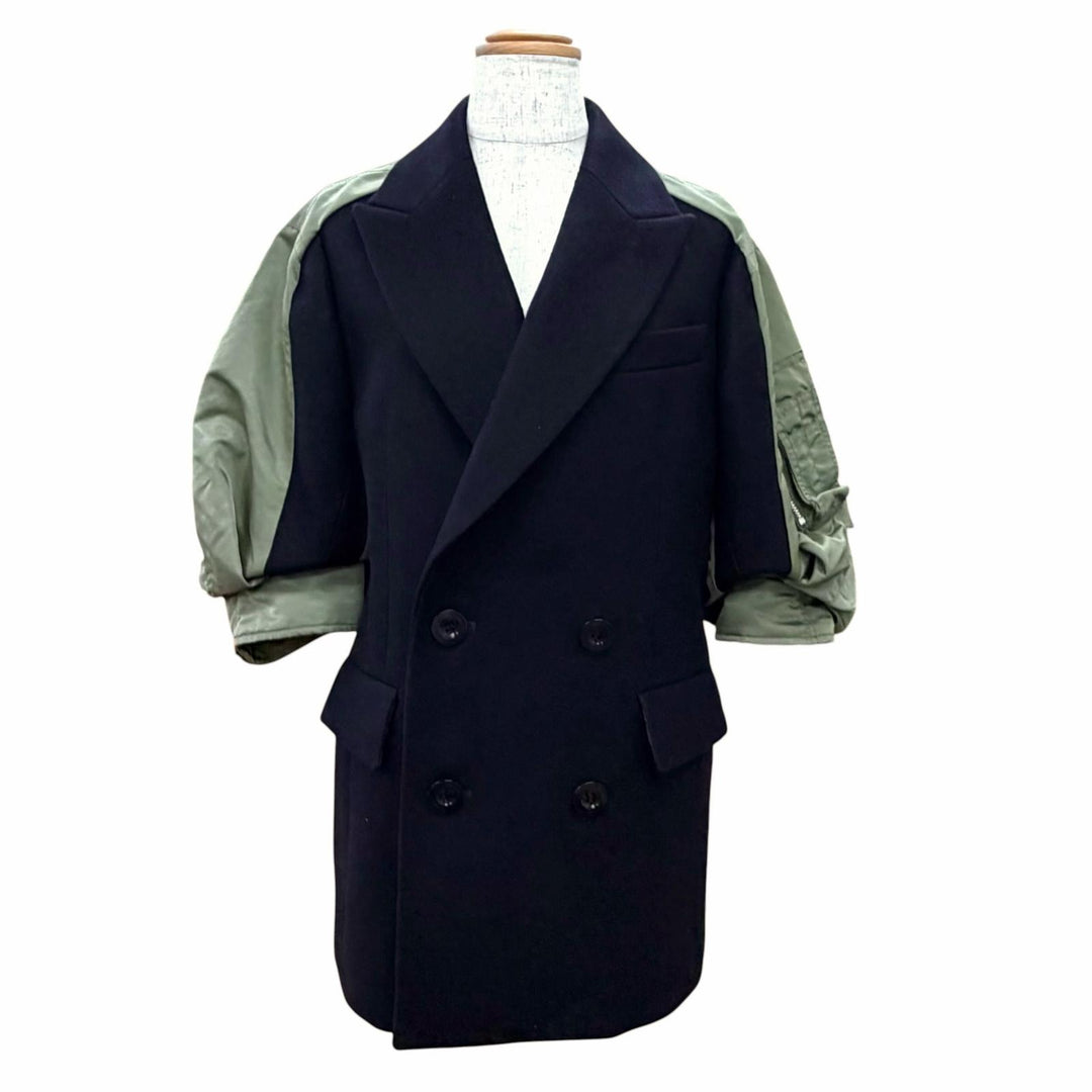 極美△Sacai サカイ 23-06925 Wool Melton Nylon Twill Jacket ウール 半袖 ナイロンツイル ダブルジャケット ダークネイビー 1 正規品