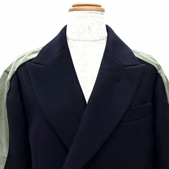 極美△Sacai サカイ 23-06925 Wool Melton Nylon Twill Jacket ウール 半袖 ナイロンツイル ダブルジャケット ダークネイビー 1 正規品