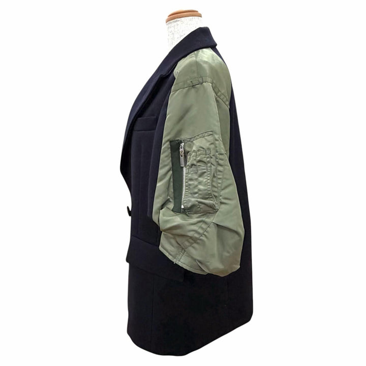 極美△Sacai サカイ 23-06925 Wool Melton Nylon Twill Jacket ウール 半袖 ナイロンツイル ダブルジャケット ダークネイビー 1 正規品