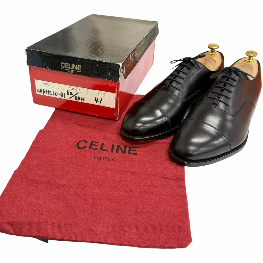 極美品□CELINE セリーヌ レザー キャップトゥ グッドイヤー製法 ドレスシューズ ブラック 8/EF イングランド製 メンズ 保存袋付き
