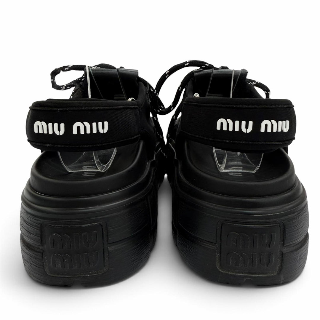 美品☆MIUMIU ミュウミュウ 5X418E チャンキー ネオプレン ロゴ入り バックストラップ サンダル ブラック IT 36 イタリア製 レディース