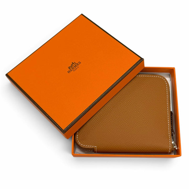 未使用品★エルメス アザップコンパクト シルクイン ゴールド ヴォーエプソン シルバー金具 ラウンドファスナー コインケース G刻印 箱付