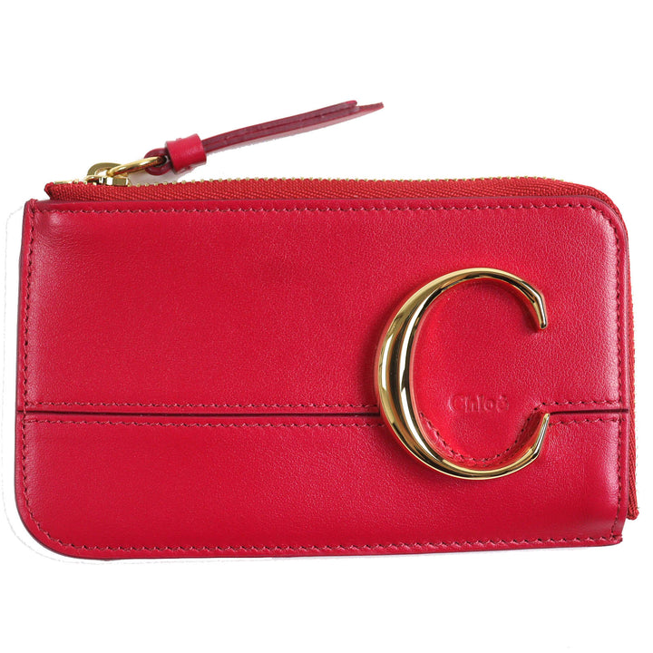 未使用品△Chloe クロエ CHLOEC クロエC L字ファスナー スモール パース レザー フラグメントケース コインケース レッドピンク系 袋付き