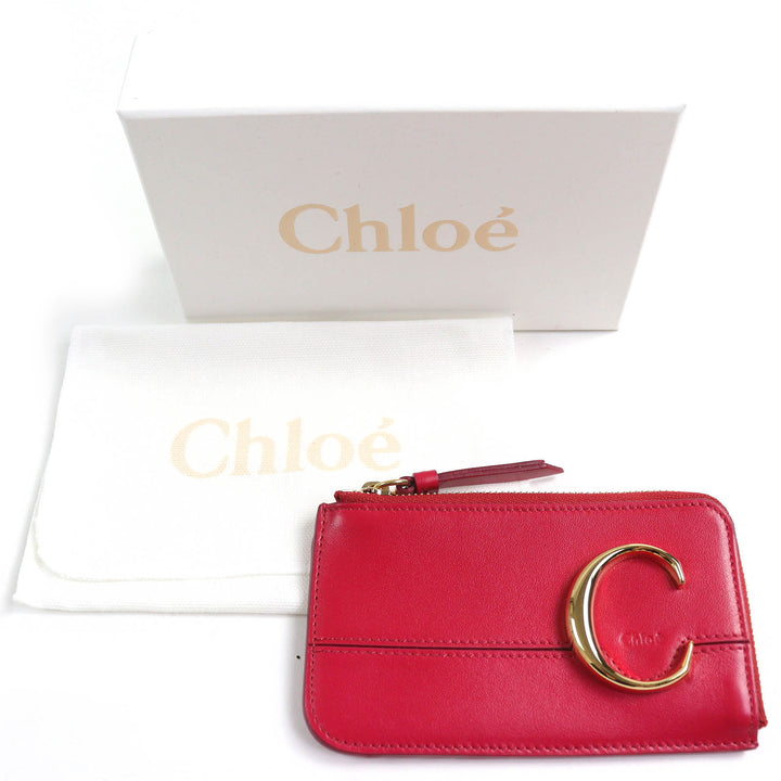 未使用品△Chloe クロエ CHLOEC クロエC L字ファスナー スモール パース レザー フラグメントケース コインケース レッドピンク系 袋付き
