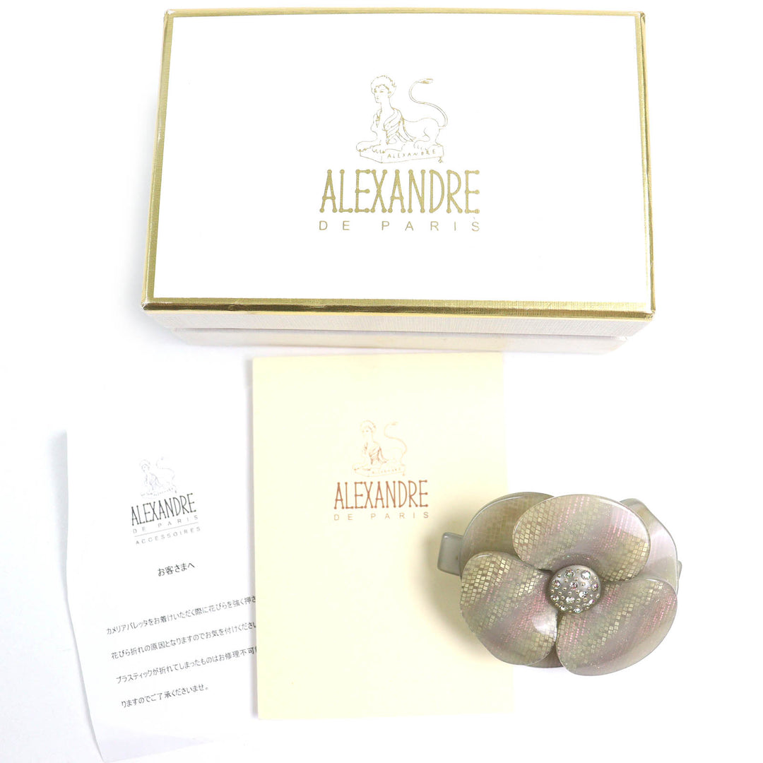 極美品△ALEXANDRE DE PARIS アレクサンドル ドゥ パリ スワロフスキー クリスタル カメリア 髪留め バレッタ グレージュ ピンク系 仏製