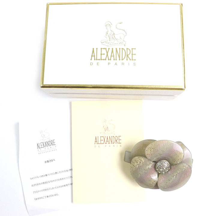極美品△ALEXANDRE DE PARIS アレクサンドル ドゥ パリ スワロフスキー クリスタル カメリア 髪留め バレッタ グレージュ ピンク系 仏製