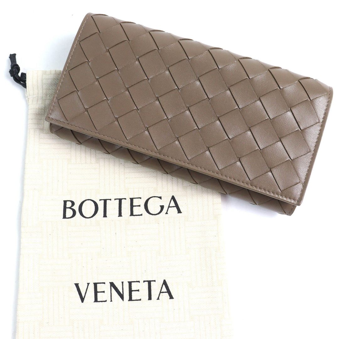 極美品△BOTTEGAVENETA ボッテガヴェネタ イントレチャート フラップ ウォレット 二つ折り レザー 長財布 ブラウン 保存袋付 伊製 メンズ