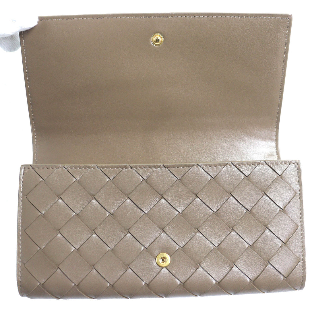 極美品△BOTTEGAVENETA ボッテガヴェネタ イントレチャート フラップ ウォレット 二つ折り レザー 長財布 ブラウン 保存袋付 伊製 メンズ