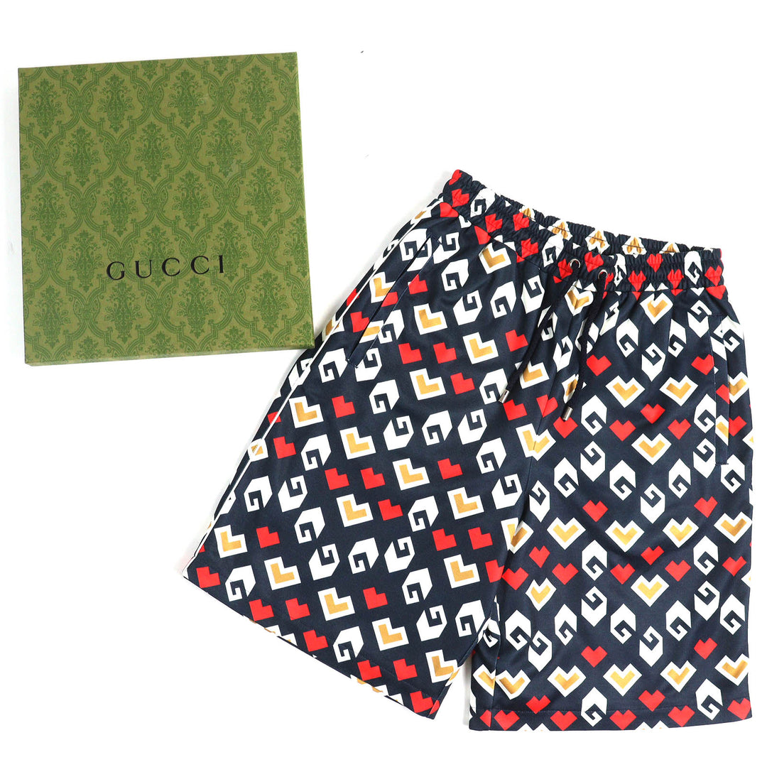 未使用品△GUCCI グッチ 23AW 752639 総柄デザイン ハーフパンツ ショートパンツ ネイビー ホワイト レッド XS 箱付き イタリア製 正規品