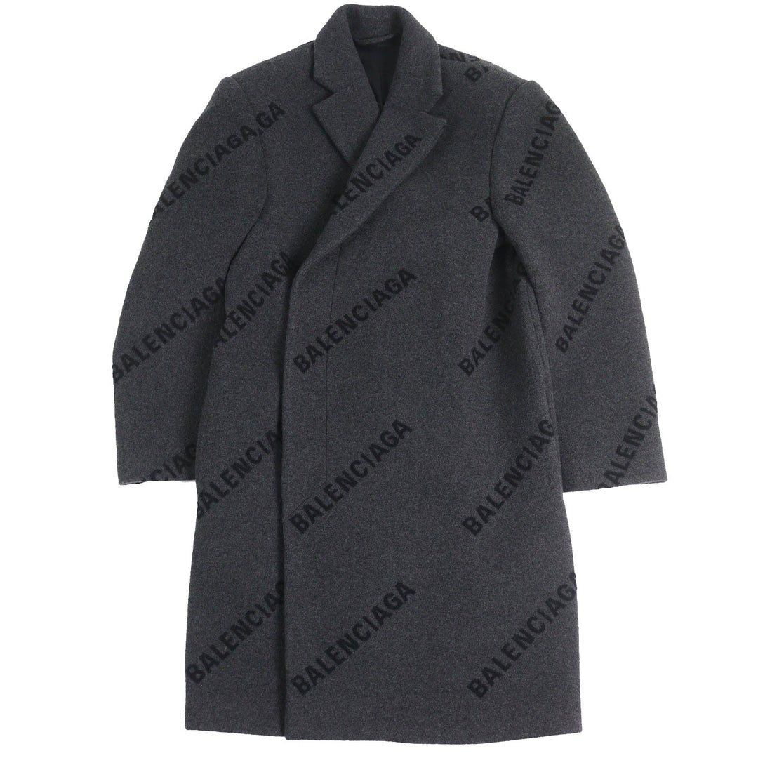 極美品△BALENCIAGA バレンシアガ 595272 SHIFTED COAT カシミヤ100％ ロゴ総柄 ロング コート チャコールグレー 46 伊製 正規品 メンズ